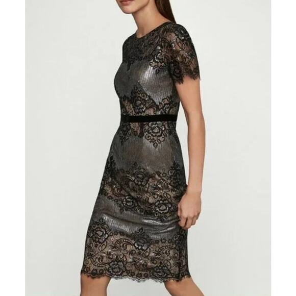 BCBGMAXAZRIA Lace Floral Metallic Cocktail Dress Sheath Midi, Black Silver - Picture 1 of 16